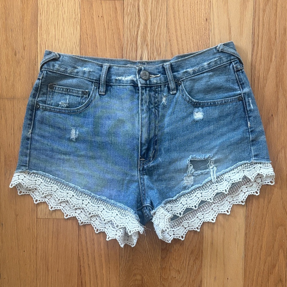 Free People Blue Jean Shorts with White Lace Trim